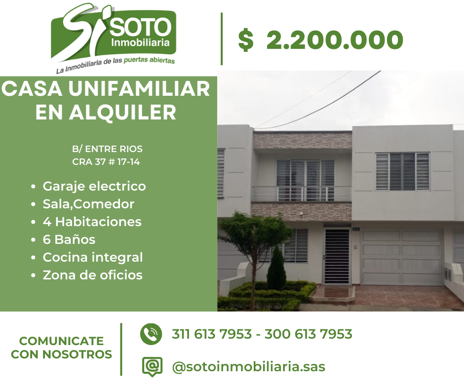 CASA UNIFAMILIAR EN ALQUILER EN EL BARRIO  ENTRE RIOS CRA 37 17-14