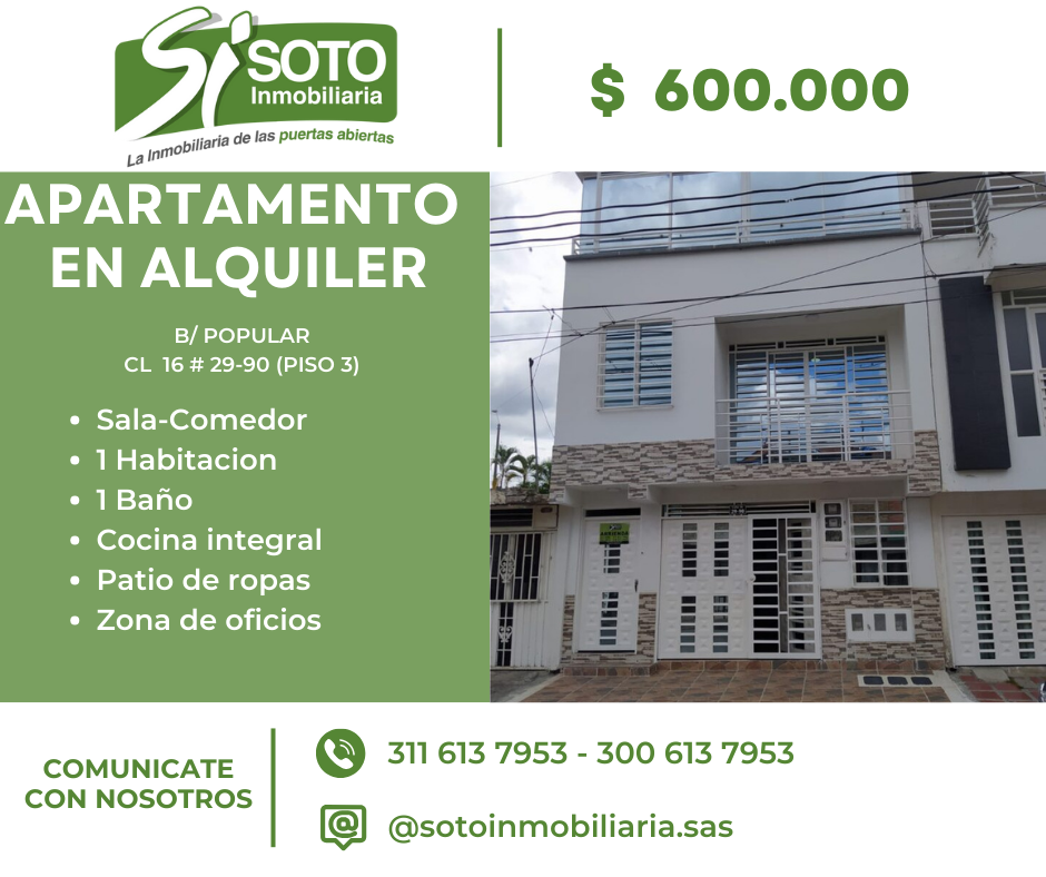 APARTAMENTO EN ALQUILER EN EL  BARRIO POPULAR EN LA CLL 16 29 90 (PISO 3)