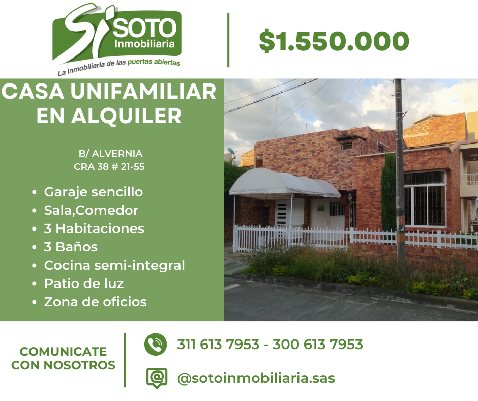 CASA UNIFAMILIAR EN ALQUILER EN EL BARRIO ALVERNIA CR 38 21 55