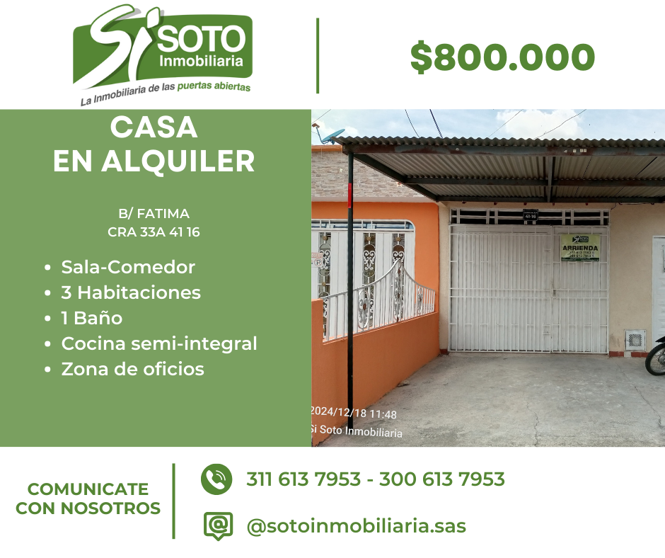 CASA EN ALQUILER EN EL BARRIO FATIMA CR 33A 41 16