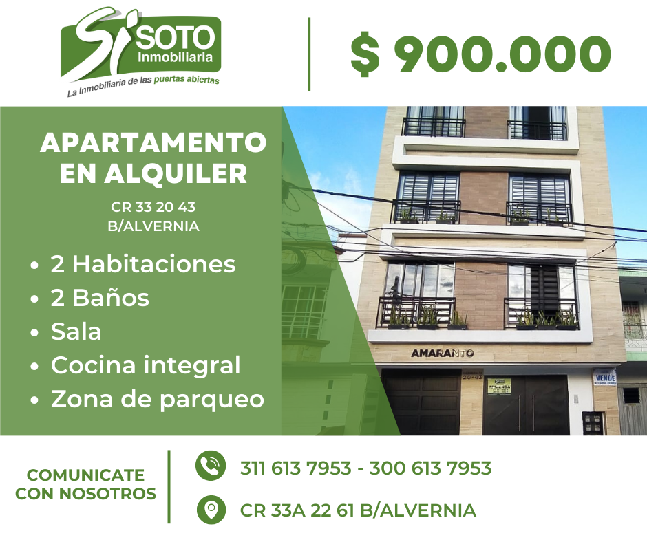 SE ALQUILA HERMOSO APARTAMENTO EN EL BARRIO ALVERNIA, CR 33 20 43