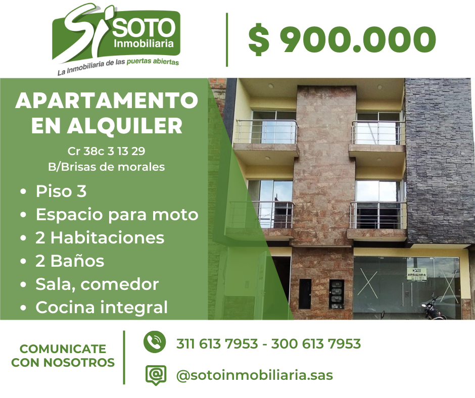 SE ALQUILA APARTAMENTO EN EL BARRIO BRISAS DE MORALES, CR 38C3 13 29 APT 3